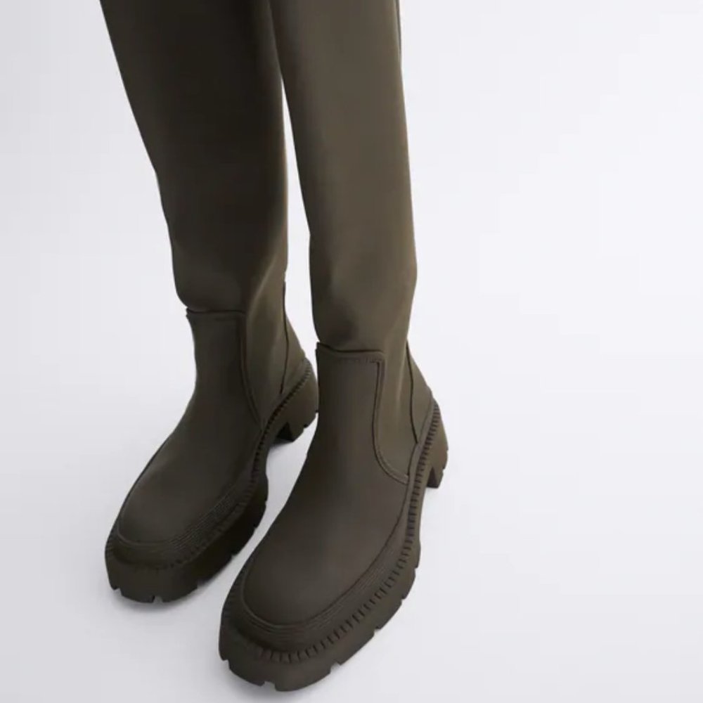 NWT Zara Low Heeled Khaki Green Rubberized Boots 8 - Picture 8 of 8